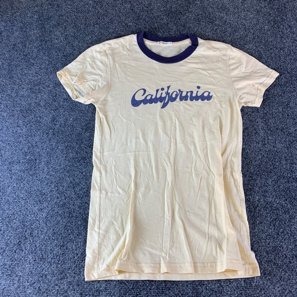 The Bee & The Fox California T-Shirt Womens Small Beige Navy Logo Crew Neck